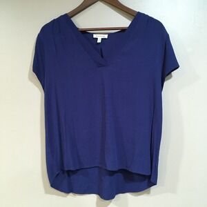 Monteau V Neck Blouse Womens XL Blue High Low Hem Classic Office Lagom Capsule